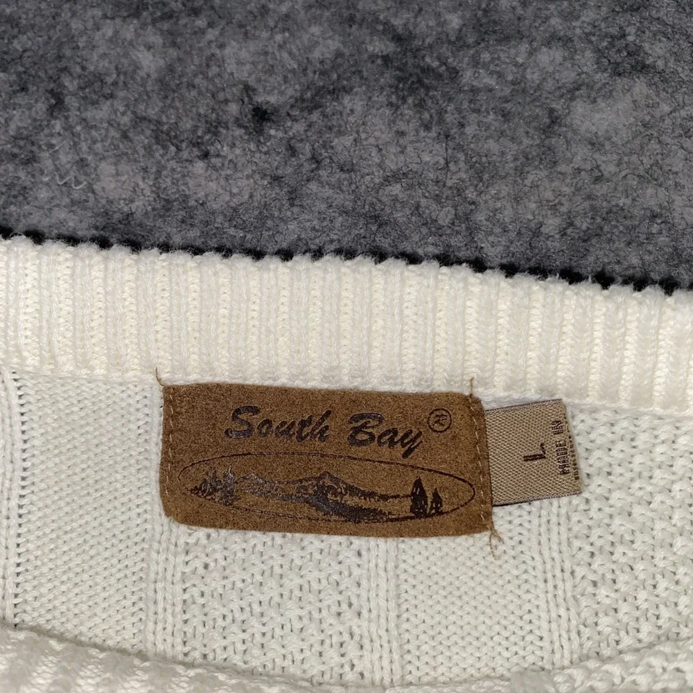VTG Textured South Bay Mens‎ L Ivory Golf Alaska Embroidered Sweater Knit Preppy